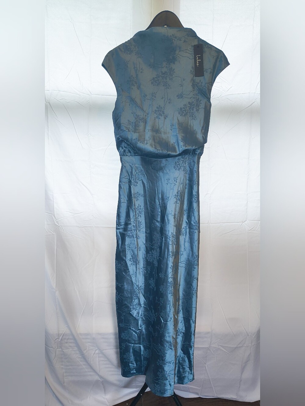 Lulu's Steel Blue Floral Satin Maxi Dress
